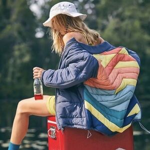 Free People Puffer Bomber Jacket Navy Blue and Rainbow